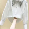 Women's Blouses Shirts High Quality Pearls Diamonds Collar White Shirt Women Tops Mujer Spring Arrival OL Elegant Blouse Tops Camisas Mujer 230211