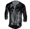 Camisetas masculinas camisetas de algodão vintage masculino 3D Impressa Skull Manga Longa Herror Gótico Henley Camisa de grandes dimensões Tee Man Punk