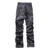 Herrenhosen Hip Hop Herren Plissee Pu-Lederhose Harajuku Retro Streetwear Lose geraffte Freizeithose Gerade einfarbige schwarze Hose 230211