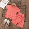 Conjunto para niños, ropa informal de Color sólido para bebés y niñas, traje de manga corta, ropa de dormir para niños, conjuntos de pijamas