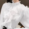 Women's Blouses Shirts Korean Ruffles Stitching Elegant Lace Blouse Woman Stand Collar Button Chiffon Shirt Long Flare Sleeve Fashion Loose Tops 12946 230211