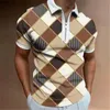 メンズポロスサマーカジュアルファッションジッパーデジタルプリントストライプ格子縞のパターンメンズポロシャツ半袖男性服230211
