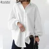 Women's Blouses Shirts Stylish Women's Lapel Blouses ZANZEA Puff Sleeve Shirts Casual Button Blusas Female Solid Asymmetrical Tunic 230211