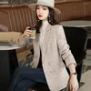 Ternos femininos Jaqueta feminina Moda de trespotas duplas Tweed Check Coat Blazer Coat vintage Bolsos de manga comprida feminino Outwear