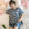 Women's Sleepwear Summer 2023 Ice Silk Pajamas Women's Short-sleeved Imitation Cartoon Fashion Home Service Outer Wear Suit