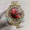 Med Box 5 Style Automatiska klockor för Mens Big Diamond Bezel Red Dial 43mm 18K Gul guldarmband Mekaniska armbandsur armbandsur Mäns klockor