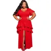 Plus size jurken dames solide o-neck sexy high split grote ruche gelaagde maxi jurk dames elegante feestavondkleding