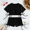 Sunken Stripe Lace Up Conservative Fashion Split Swimsuit Womens Boxer Tight