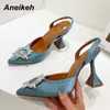 Sandals Aneikeh Brand Women Pumps Luxury Crystal Female Flock Butterfly Knot High Heels Summer Bride Pointed Shoes Triangle Heeled Pumps G230211