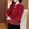 Women's Blouses Shirts Autumn Winter Oversized Velvet Fungus Edge Lace Up Elegant Shirt Women Princess Sleeve Vintage All-match Bottomed Blouse Femme 230211