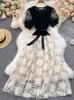 Casual Dresses FTLZZ Summer Elegant Women Rose Embroidery Midi Dress Vintage Lady Lace Mesh Patchwork Floral Print