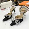 Mach Dress shoes thin heel high heels pink silk ankle strap buckle 9.5cm rhinestone bow wrap toe tip luxury designer spring and summer party sandals 35-42 with box