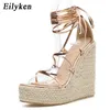 Sandals Eilyken 2023 New Champagne Gold Wedges Sandals Women Lace-Up Peep Toe Summer High High High Cheels Elegant Strap Shoes حجم كبير 42 G230211