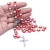 Pendentif Colliers Religieux Rouge Pêche Coeur Amour Chapelet Perles Collier Christ Croix Pour Les Femmes Bénédiction Prière Bijoux Cadeau