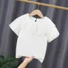 Camisetas de 3 a 10 anos de verão para bebês crianças camisetas meninas blush branca algodão de manga curta renda de renda para crianças camisa de crianças roupas t230209