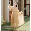 Casual Dresses Gentle Wind Fairy 2 Piece Set Female Crew Neck Simple Slip Dress Lantern Sleeve V-Neck Loose Lace-Up Retro Women