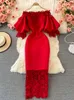Robes de soirée Sexy évider dentelle moulante longue robe femmes élégant rouge/rose/blanc hors épaule Patchwork Maxi fête Vestidos automne 230211