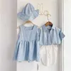 Kleidungssets für Kinder, Bruder und Schwester, tragen männliches Baby, gestreiftes Hemd und Hose, zweiteiliges Mädchen-Puppenkleid, Hutanzug