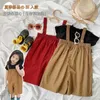 Flickor Suspender Summer New Korean Red Wide Leg Pants Tshirt Twopiece Set Boutique Kids Clothing Christmas Outfit