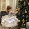 Девушка платья принцесса чистый цвет маленькие цветочные девочки блестящие блески с длинным рукавом детские наряды на день рождения милые дочерние вечеринка бальные платья