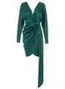 Casual Dresses 2023 Spring Women Dress Green Satin V Neck Long Sleeve Draped Asymmetrical Mini Celebrity Evening Party Vestidos