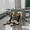 105mm Tom Fords Mirror Perfect Shoes Leather Heels Sandaler Crystal Gold Stones High Pointy Jewel Sandals