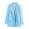 Women's Suits & Blazers Woman Fashion Linen Blazer With Printed Cuffs Women Lapel Collar Long Sleeves Coat Sky Blue Flap Pockets Chic TopsWo