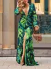 Платья для вечеринок Тропический принт с глубоким вырезом и разрезом на бедре Макси-платье Женские сексуальные длинные платья T230210