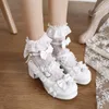 Dress Shoes Cross Strap Women High Heels Mary Jane Pumps Party Wedding Cosplay White Pink Black Ruffles Bow Princess Cosplay Lolita Shoes 230210