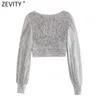 Women's Blouses Shirts Zevity Women Sexy Deep V Neck Short Sequined Smock Blouse Lady Chic Pleats Puff Sleeve Party Wear Crop Shirts Blusas Tops LS9954 230211