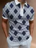 メンズポロスサマーカジュアルファッションジッパーデジタルプリントストライプ格子縞のパターンメンズポロシャツ半袖男性服230211