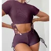 Sunken Stripe Lace Up Conservative Fashion Split Swimsuit Womens Boxer Tight