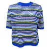 T-shirts Femmes Femmes Demi-manches Pull à col rond Boho Multicolore Rayé Crochet Tricot T-shirt Été Creux Out Pull Lâche Top