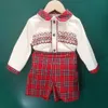 Sets kinderen kerstkleding jongens meisjes hmade smocking set en jurk broers en zussen rood plaid katoen met lange mouwen vakantie outfits