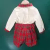 Sets kinderen kerstkleding jongens meisjes hmade smocking set en jurk broers en zussen rood plaid katoen met lange mouwen vakantie outfits