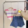 Ensembles de vêtements nouveau t-shirt à manches courtes mince deux pièces ensemble grand jean pour enfants jupe costume d'été filles vêtements