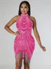 Платья для вечеринок Kricesen Sexy Glitter Crystal Tassel Hem Mini Платье летние женщины с плеча Bodycon Night Clubwear платье 230211