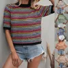 T-shirts Femmes Femmes Demi-manches Pull à col rond Boho Multicolore Rayé Crochet Tricot T-shirt Été Creux Out Pull Lâche Top