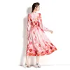 Casual jurken 2023 Autumn Elegant Pink Floral Print Maxi Dress Women V Neck Lantern Sleeve A-Line Party Robe Femme Vintage Holiday Vestidos