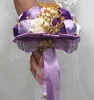 Decorative Flowers Handmade Vintage Bridal Bridemaids Bouquet Purple Satin Rose Golden Rhinestone Brooch Wedding Bouquets Floral