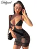 Robes décontractées Dulzura Mesh Patchwork Cut Out Strap Mini Robe Dos Nu Moulante Sexy Streetwear Party Club Festival 2022 Été Femmes Vêtements T230210