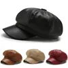 Berets Women PU Peaked Beret Cap Girls Retro Solid Color Octagonal Winter Autumn Adjustable Faux Leather Hats For PartyBerets