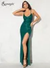 Party Dresses Sexy V Neck Lace Up Sequined Cocktail Party Dress Backless Split Leg Sleeveless Summer Long Dresses Evening Wedding Gown 230210