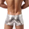 UNDUPTS sahte altın gümüş parlak deri erkekler boksörler metal yüzük sahne saha spandex yumuşak seksi şort boksör