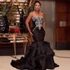 2023 Black Evening Dresses Wear Luxury Silver Crystal Beads Mermaid With Feather Tiered Sweetheart Sweep Train Satin Formal Prom Party Gowns