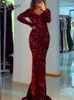 Party Dresses Luxury Black Long Sleeve Evening Gown Sequin Stretchy Velvet V Neck Mermaid Prom Floor Length Dress Burgundy Winter Robe 230210