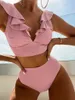 Solid Color Backless Women S High midja baddräkt Fashion Ruffles Split Bikini