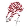 Pendentif Colliers Religieux Rouge Pêche Coeur Amour Chapelet Perles Collier Christ Croix Pour Les Femmes Bénédiction Prière Bijoux Cadeau