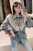 Women's Blouses Denim Shirt For Women 2023 Spring Korean Style Sweet Heavy Industry Colorful Crystals Ruffled Slimming Patchwork Tops