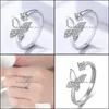 With Side Stones Cute Butterfly Opening Adjustable Rings Inlaid Zircon Exquisite For Women Wedding Party Jewellry Bijoux Gifts Sier Dhgvb